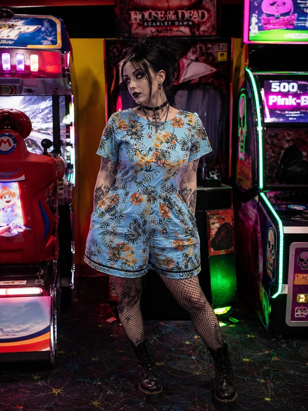 Sarah Boo Tropical Floral Romper Blue Goth Fairy Grunge Arcadecore One Piece